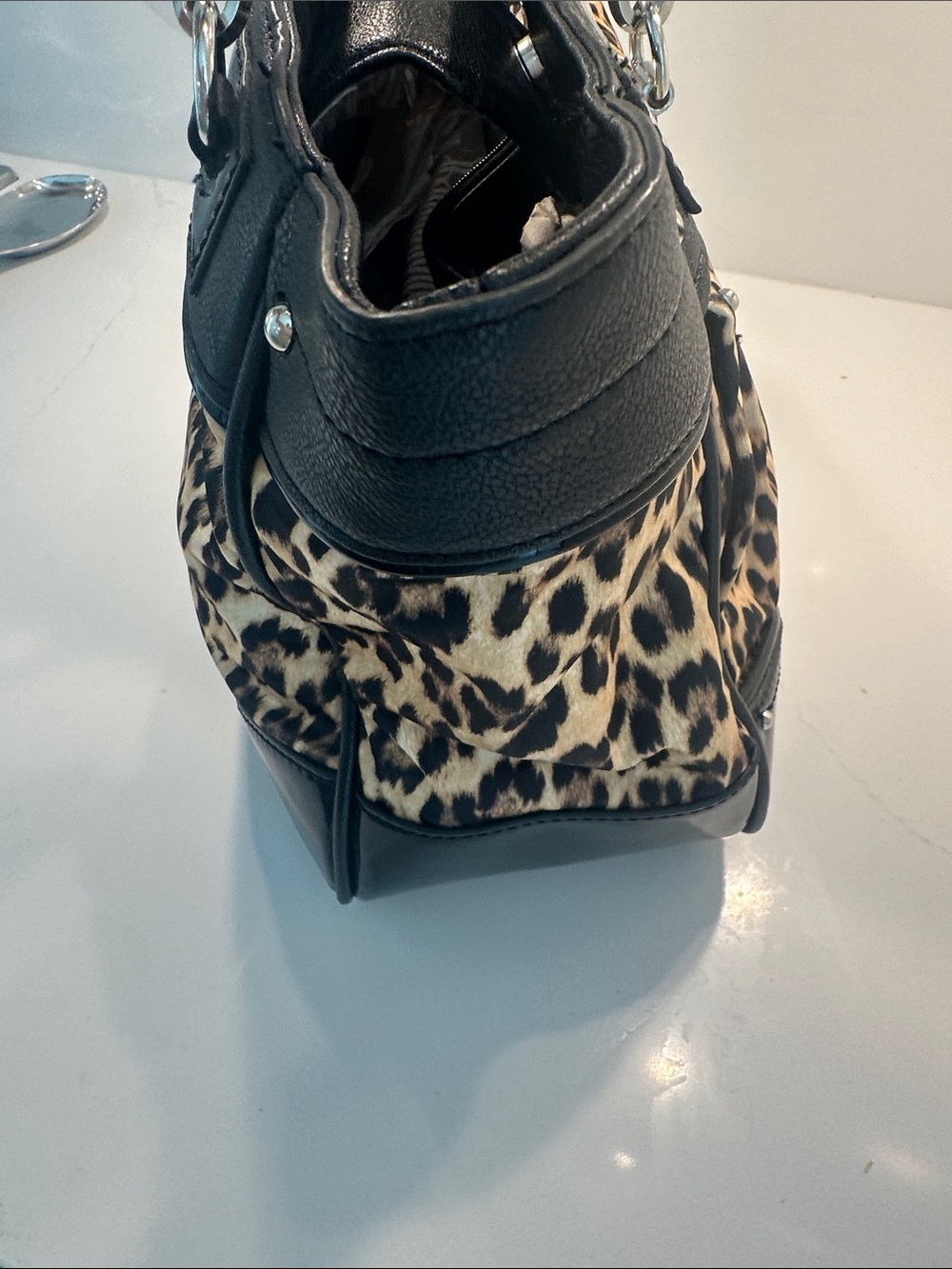 Leopard Print Tote with Black Trim and Silver Chain Accents - Picture 6 of 11